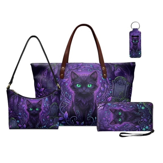 Kuiaobaty Black Cat Print Tote Bag with Shoulder Purse Gothic Style Top Handle Handbag with Lip Pouch Leather Underarm Bag with Wristlet Wallet for Travel, Purple