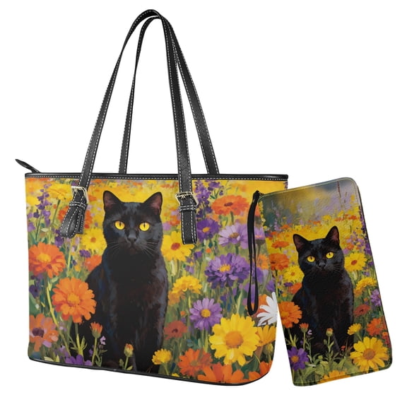 Kuiaobaty Black Cat Print Tote Handbag for Women, Daisy Print Leather Satchel Purse with Adjustable Strap, Waterproof Sturdy Top Handle Handbag for Travel & Shopping