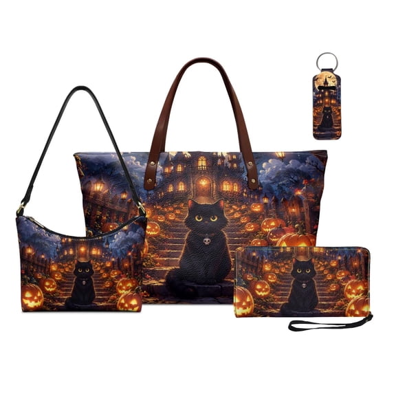 Kuiaobaty Black Cat Print Tote Purse Set with Lip Pouch for Women Pumpkin Print Handbag and Wallet Set Leather Underarm Bag Lipstick Keychain for Halloween