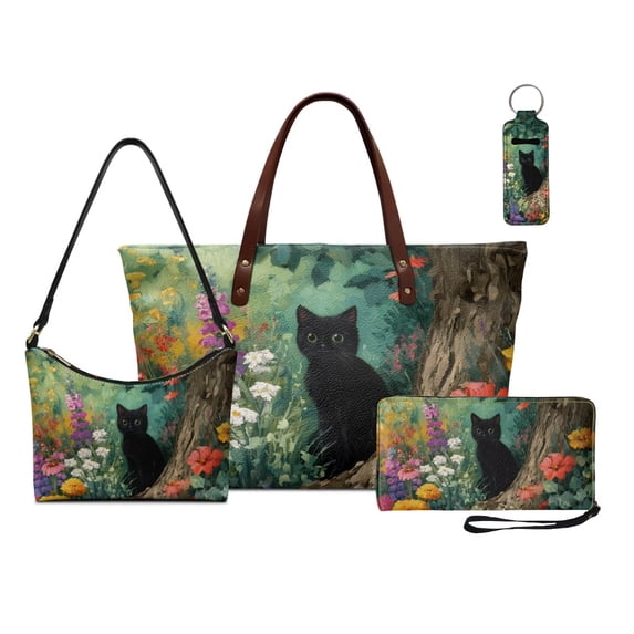 Kuiaobaty Black Cat Print Tote Purse and Wallet Set for Women Floral Print Top Handle Bag & Lipstick Leather Underarm Bag and Wristlet Wallet for Travel, Green