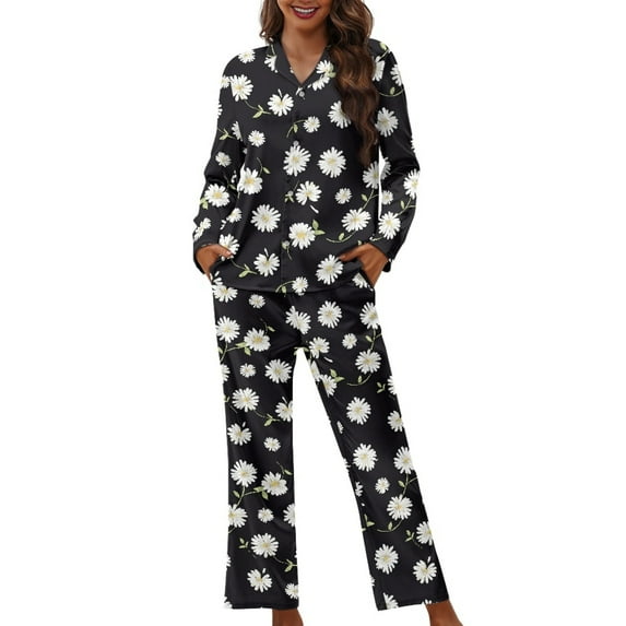 Kuiaobaty Black Daisy Pattern Women's Long Sleeve Pajamas Set Lightweight Nightgown Button Down Top and Pants Holiday Pjs Lounge Sleepwear Sets with Pockets, 3XL
