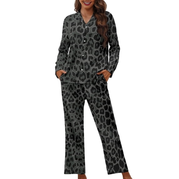 Kuiaobaty Black Leopard Print Women's Novelty Pajamas Set Long Sleeve Button Down Tops with Long Pants Fall Sleepwear with Pockets Nightgown Plus Size, S