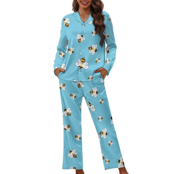 Kuiaobaty Blue Bee Pattern Womens Pajamas Set PJs Set Button Down Front Sleepwear Soft Two-piece Long Sleeve Shirt Loungewear Set, 4XL