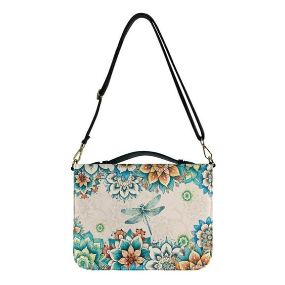 Kuiaobaty Boho Mandala Dragonfly Print Bible Covers for Women Men Large Size Bible Carrying Case Leather Church Bible Bag with Padded Handle and Adjustable Shoulder Strap for Church Religious, M