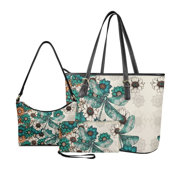 Kuiaobaty Boho Mandala Dragonfly Print Handbag and Purse Set for Women Lady Leather Underarm Bag Wristlet Wallet with Zipper Top Handle Handbag Set with Clutch Wallet for Travel