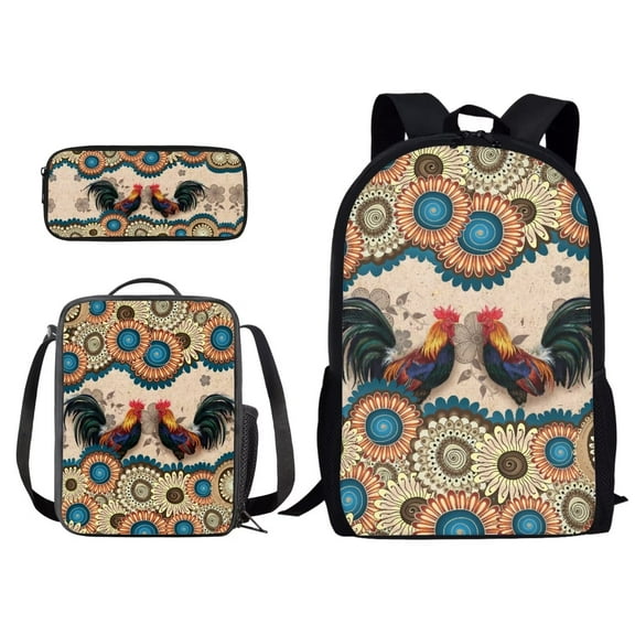 Kuiaobaty Boho Mandala Print Backpack with Lunch Bags and Pencil Case Set of 3 Rooster Chicken School Bags for Kids Girls Boys Large Capacity Schoolbags Bagpack Rucksack Travel Outdoor Daypack