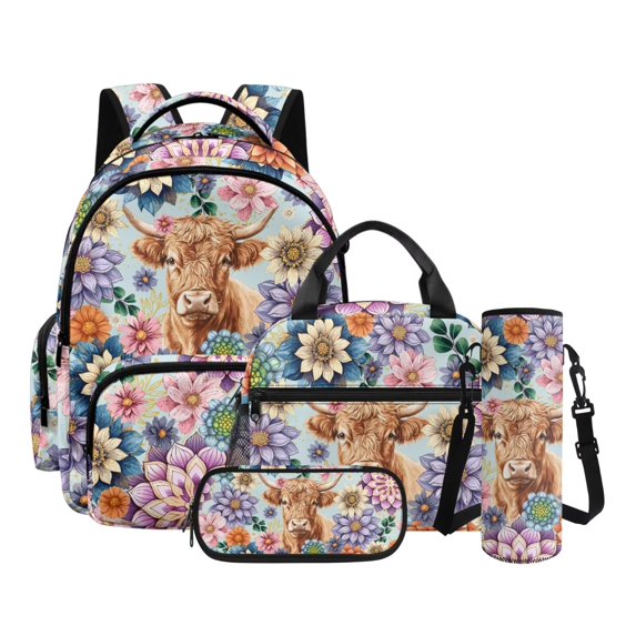 Kuiaobaty Boho Mandala Print Backpack and Lunch Box Set for Teens Highland Cow Print Backpack Pencil Case with Zipper Insulated Portable Lunch Bag and Water Bottle Sleeve for School