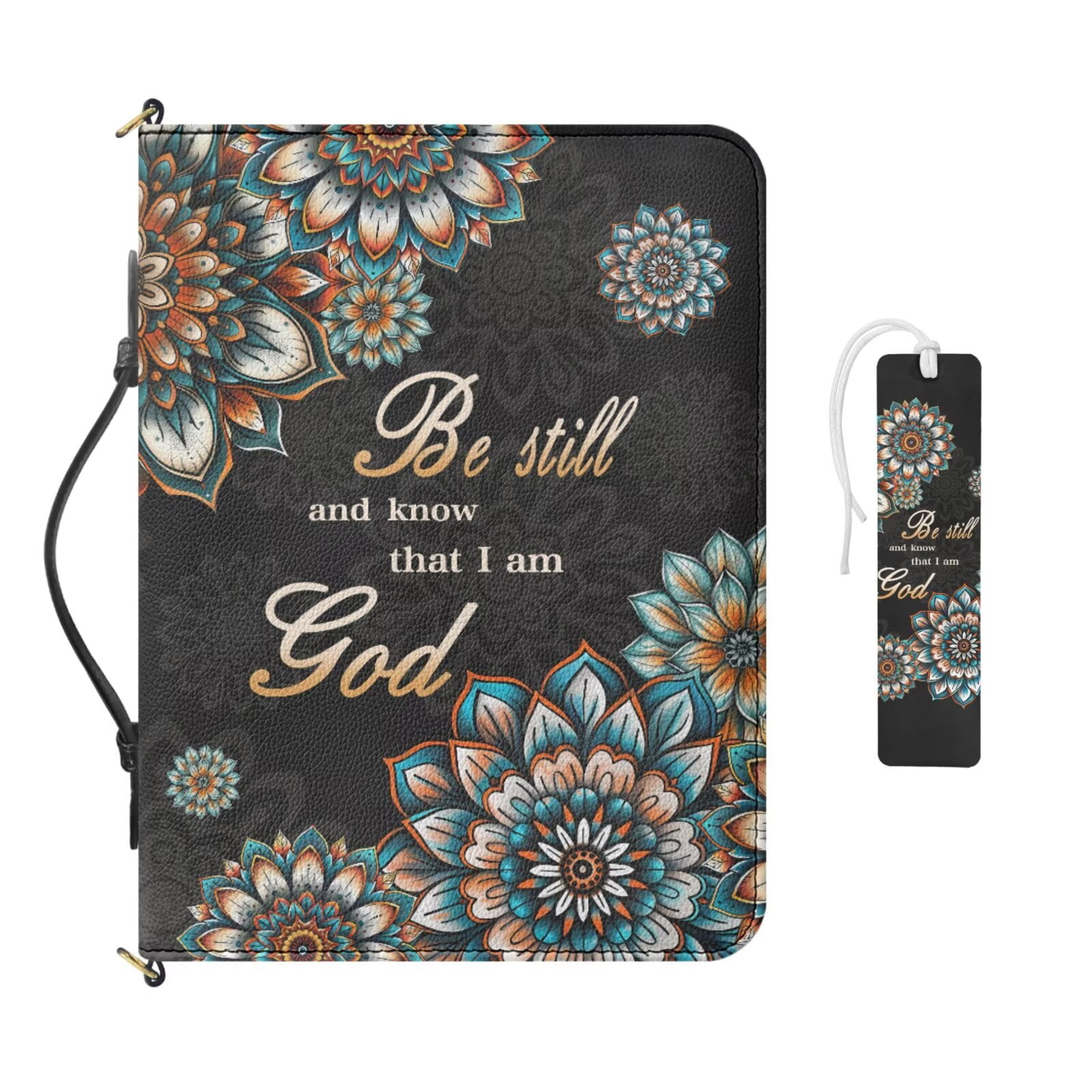 Kuiaobaty Boho Mandala Print Bible Cover for Women Men Zippered Carrying Book Case with Leather Bookmark Multi-Pockets Church Bag Bible Protector for Christian Daily, Black