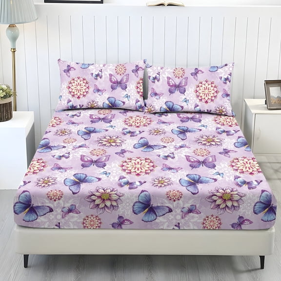 Kuiaobaty Boho Mandala Print Fitted Sheet Set Twin Size Butterfly Print Bedsheet with Deep Pocket Comfort Bed Sheet with 2 Pillowcases for Home Decor