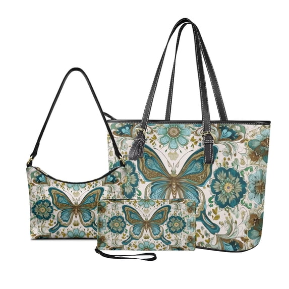 Kuiaobaty Boho Mandala Print Handbag and Wallet Set with Underarm Bag for Women Butterfly Print Leather Top Handle Handbag Wristlet Wallet Small Under The Arm Purses for Travel, Blue