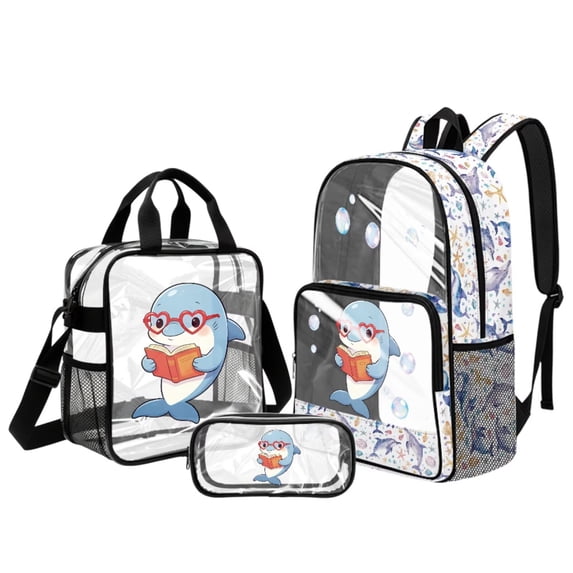 Kuiaobaty Books Shark Print Clear Backpack and Lunch Bag Set for Boys Starfish Print Clear Backpack with Pencil Case See Through PVC Bookbag with Lunch Box for School, Blue