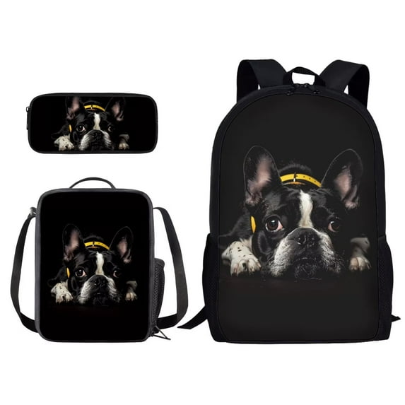 Kuiaobaty Boston Terrier Print 3 Pieces Backpack Set with Lunch Kits and Pencil Case for Elementary Girls Boys Kids Lightweight Bookbag Rucksack for Primary School Bag