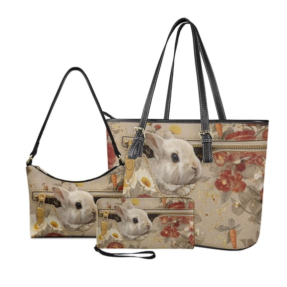 Kuiaobaty Bunny Flower Print Handbag and Wallet Set with Underarm Bag for Women Leather Top Handle Handbag with Zipper Roomy Wristlet Wallet Hobo Purse for Travel Shopping, Beige