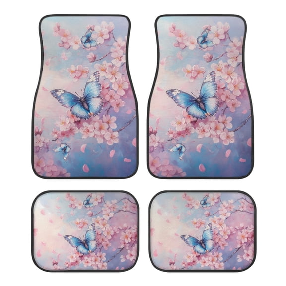 Kuiaobaty Butterfly Cherry Flower Pattern Anti-Slip Car Mat Set Pack of 4 for Front and Rear Car Mats Floor Carpets for Van Sedan Car Truck Automotive Carpet Interior Decoration