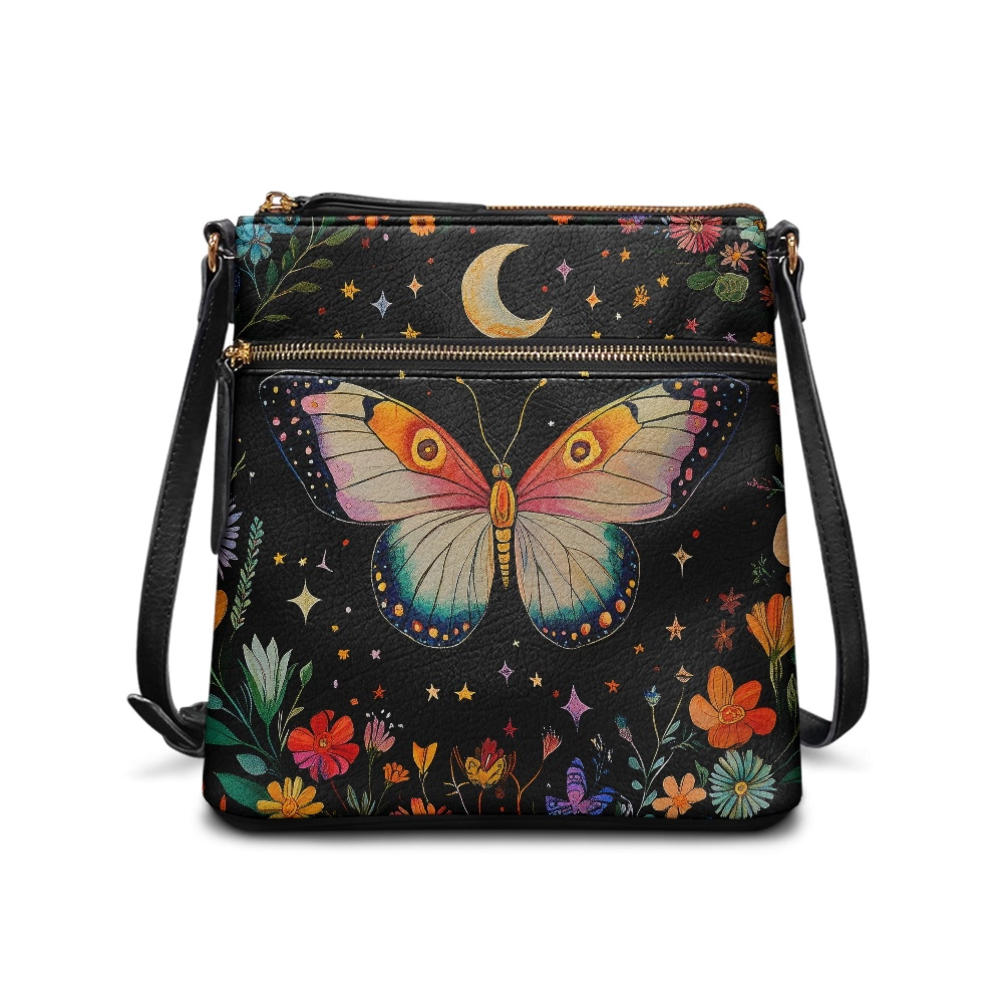 Kuiaobaty Butterfly Daisy Moon Print Crossbody bag for Women, Zipped Pockets Vegan Leather Shoulder Handbag Crossbody, Waterproof Sturdy Hobo Purse with Adjustable Strap for Travel