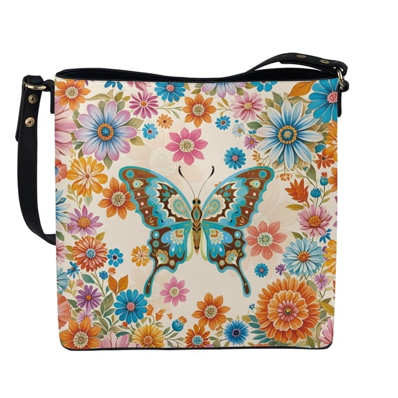 Kuiaobaty Butterfly Daisy Print Crossbody Bag for Women, Large Capacity Vegan Leather Messenger Purse with Adjustable Strap, Ethnic Style Shoulder Handbag Crossbody for Travel