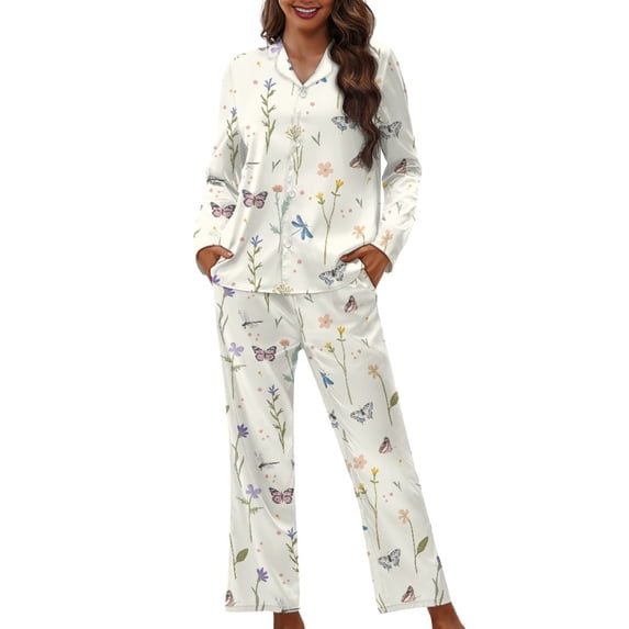 Kuiaobaty Butterfly Dragonfly Flower Pajama Set for Women Long Sleeve Sleepwear Button Down Nightwear Loungewear Soft Pjs Sets, XS
