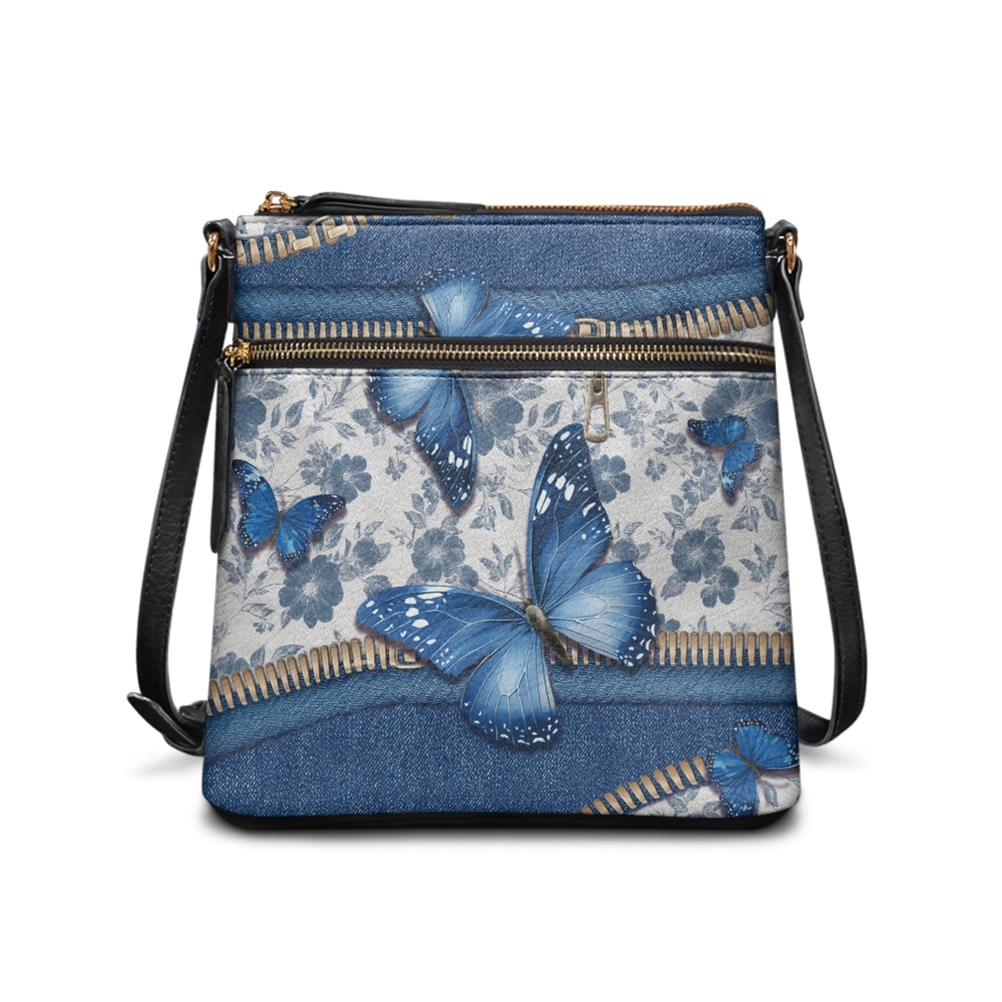 Kuiaobaty Butterfly Floral Print Crossbody Bag for Women Trendy, Large Capacity Portable Leather Satchel Purse with Adjustable Strap, Lightweight Shoulder Handbag Crossbody for Travel