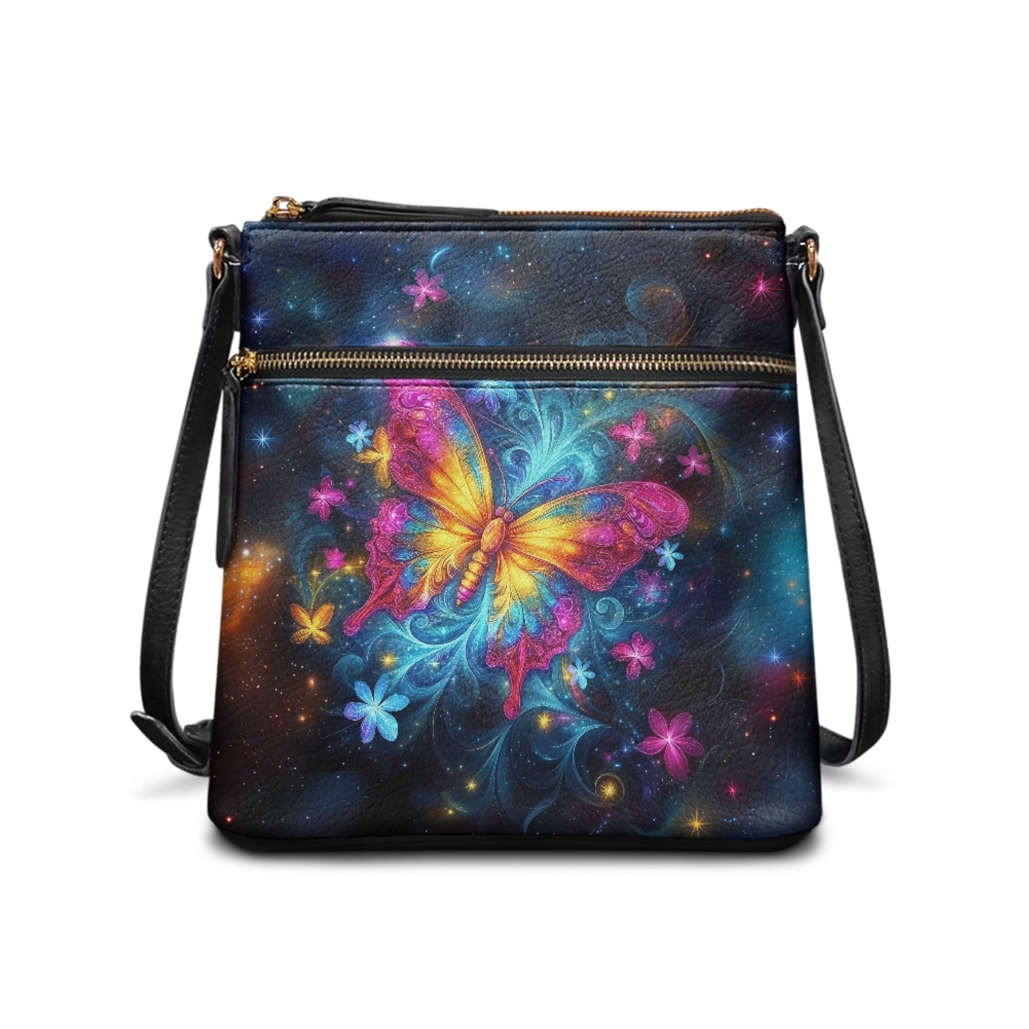 Kuiaobaty Butterfly Flower Galaxy Print Women's Crossbody Bag, Medium Size Portable Leather Satchel Purse Crossbody, Waterproof Messenger Handbag with Adjustable Strap for Travel