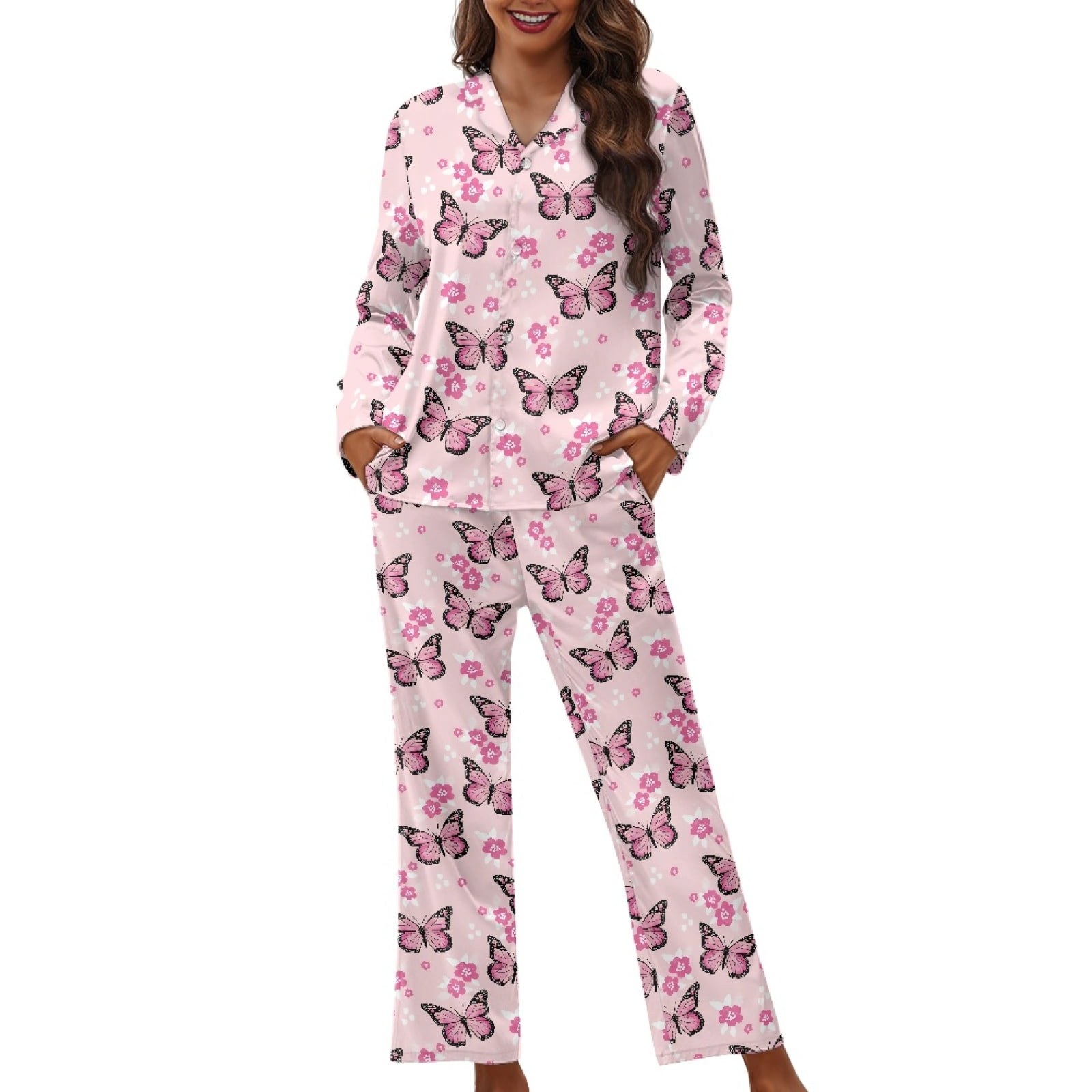 Kuiaobaty Butterfly Flower Pattern Women's Pajamas Set Comfy Button ...