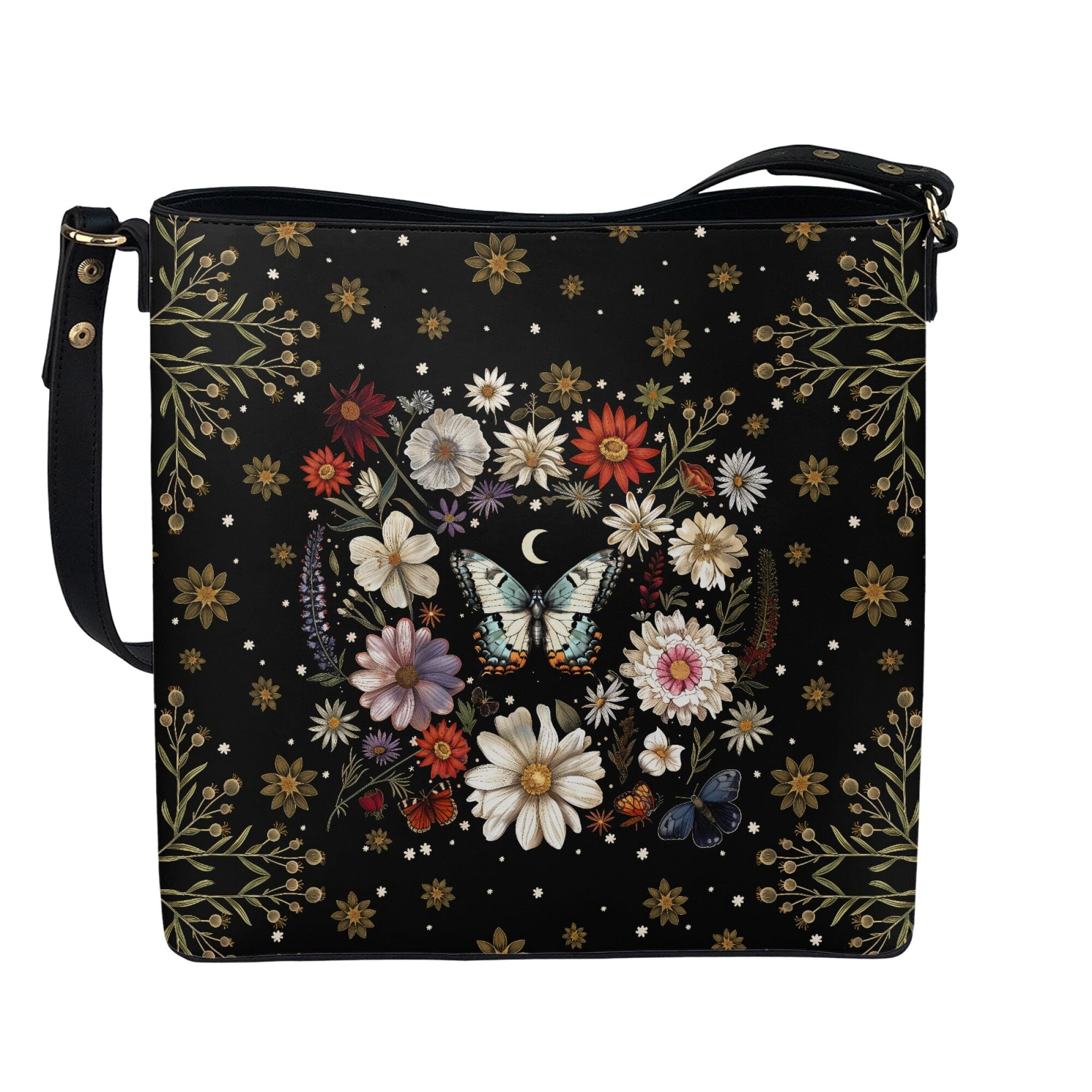 Kuiaobaty Butterfly Flower Print Crossbody Bag for Women, Lightweight Vegan Leather Shoulder Handbag with Adjustable Strap, Large Capacity Bucket Tote Bag Handbag Crossbody for Travel