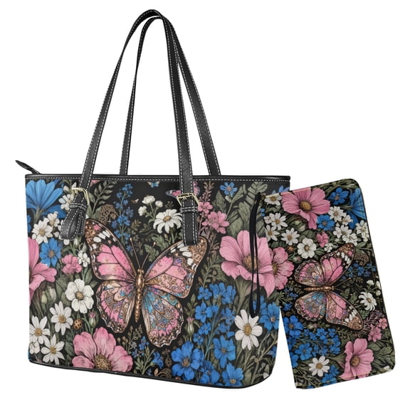 Kuiaobaty Butterfly Flowers Print Tote Purse for Women, Large Capacity Leather Satchel Purse with Adjustable Strap, Lightweight Shoulder Handbag for Travel & Shopping