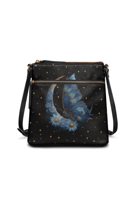 Butterfly Moon Daisy Print Women's Crossbody Bag, Fashion Lightweight Leather Messenger Purse with Adjustable Strap, Roomy Casual Shoulder Handbag Crossbody for Travel