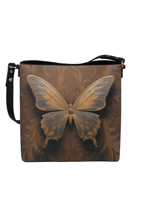 Butterfly Print Bucket Crossbody Bag for Women, Lightweight Vegan Leather Bucket Tote Bag with Adjustable Strap, Vintage Large Hobo Satchel Purse Crossbody for Travel, Brown