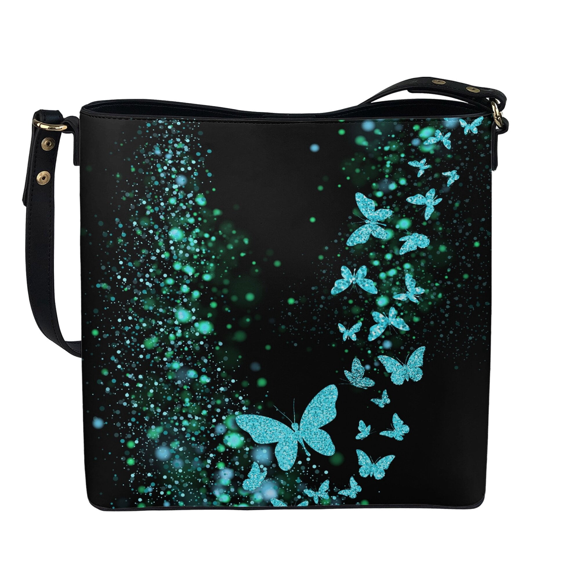Kuiaobaty Butterfly Print Bucket Crossbody Bag for Women, Lightweight Vegan Leather Shoulder Handbag Crossbody, Casual Trendy Hobo Satchel Purse with Adjustable Strap for Travel, Black