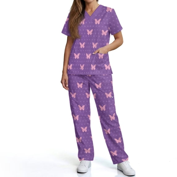 Kuiaobaty Butterfly Print Scrubs for Women Polka Dot Print Nursing Uniforms with 6 Pockets Medical Scrubs for Pediatric Vet,Purple