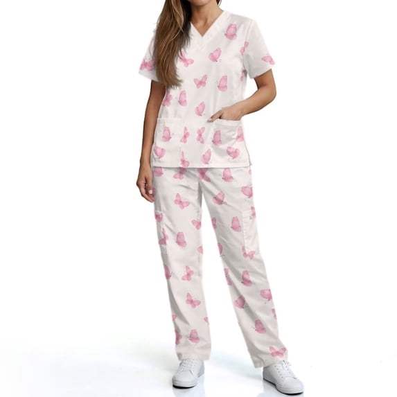 Kuiaobaty Butterfly Print Scrubs for Women Wrinkle Resistant Nurse Scrubs with 6 Pockets Medical Uniforms for Vet Dental Staff, Pink
