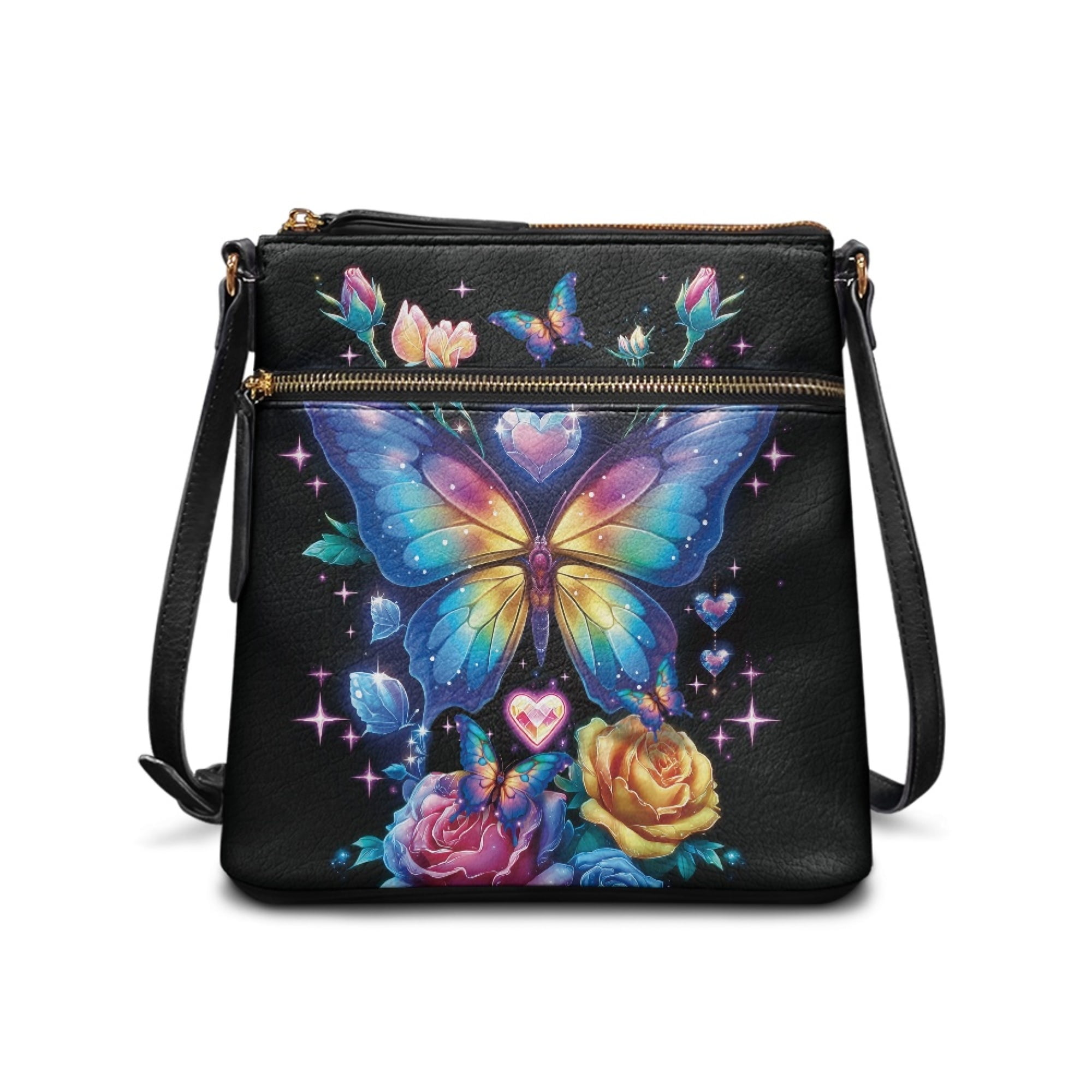 Kuiaobaty Butterfly Rose Print Crossbody Bag for Women, Medium Size Portable Leather Satchel Purse with Adjustable Strap, Lightweight Trendy Hobo Handbag Crossbody for Travel & Shopping