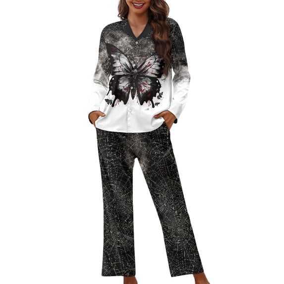 Kuiaobaty Butterfly Spider Web Pajamas for Women Halloween Set Long Pants Sleepwear Sets Soft Comfy Night Wear V-Neck Loungewear Cute Pajama House Wear, XL