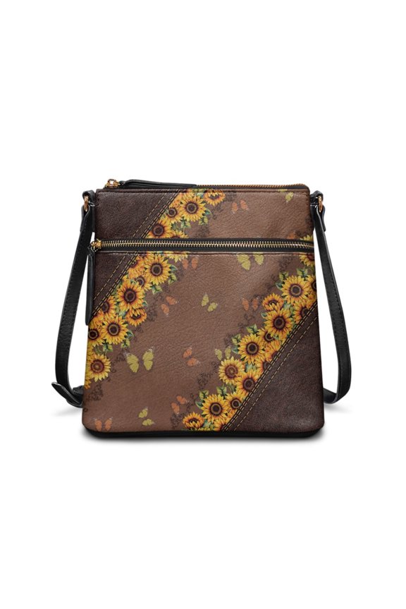 Butterfly Sunflower Print Crossbody Bag for Women, Casual Portable Leather Satchel Purse with Adjustable Strap, Waterproof Zipped Pockets Hobo Handbag Crossbody for Travel & Work