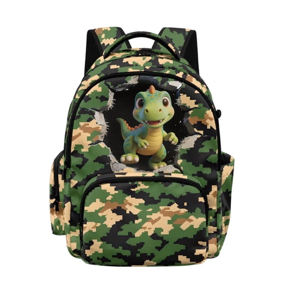 Kuiaobaty Camo Dinosaur Print Backpack for Kids Boys 17 Inch Backpack with Bottle Holder Roomy Sturdy School Bag Bookbags for School, Green