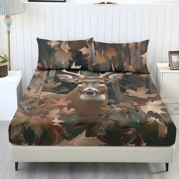 Kuiaobaty Camo Hunting Deer Print Fitted Sheet with Pillowcases No-slip Bed Sheet Set with Deep Pocket All Season Fitted Sheet Set Twin XL Size