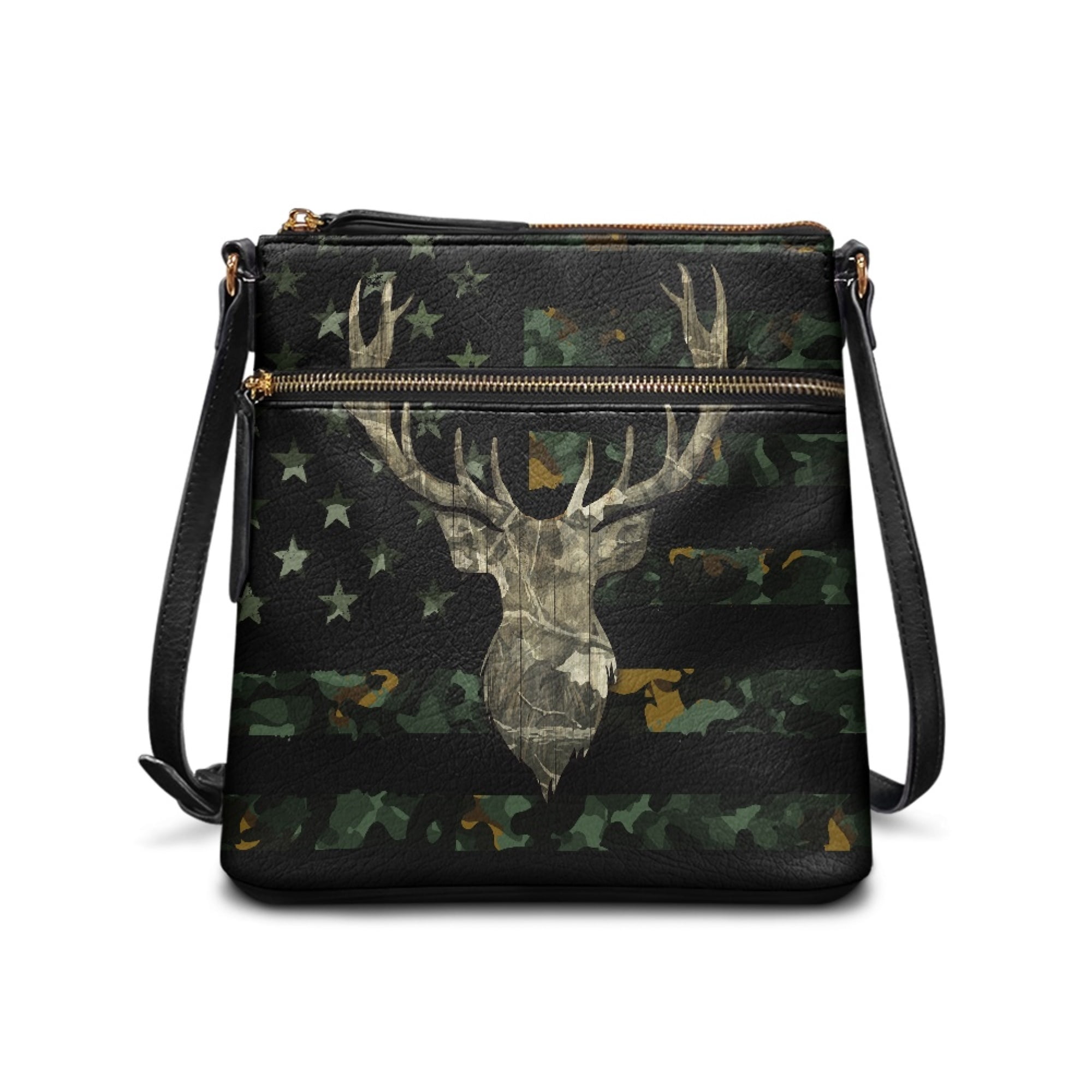 Kuiaobaty Camo Hunting Print Women's Crossbody Bag, American Flag Deer Print Trendy Vegan Leather Shoulder Purse with Adjustable Strap, Casual Portable Satchel Purse Crossbody for Travel