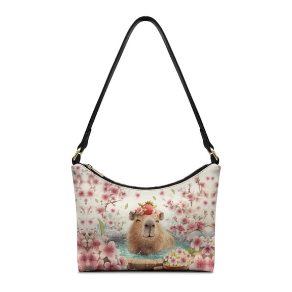 Kuiaobaty Capybara Strawberry Print Hobo Purse for Women, Cherry Blossom Print Leather Shoulder Handbag with Zipper Closure, Casual Durable Underarm Sling Bag for Travel