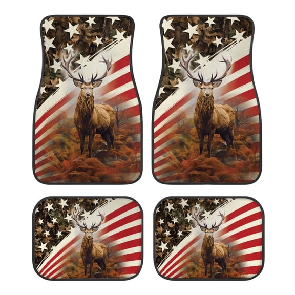 Kuiaobaty Car Floor Mats Front & Rear Liners Set American Flag Deer Elk Pattern Universal Car Mats with Anti-Slip Backing Design Universal Fit Van Sedan Car Truck, Pack of 4