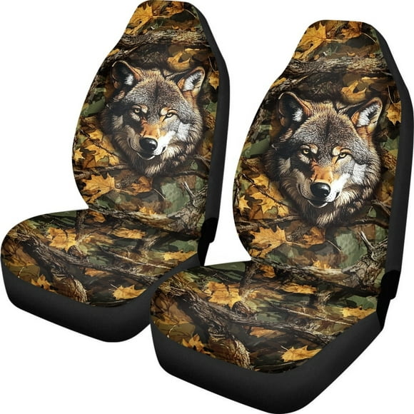 Kuiaobaty Car Seat Cover for Women, Non-Slip Front Bench Protection Auto Accessories Universal Fit Most Vehicles, Wolf Camo Hunting Forest