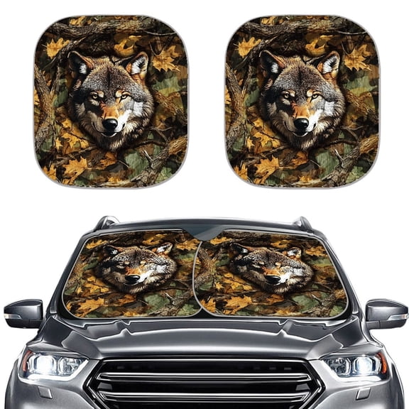 Kuiaobaty Car Windshield Sun Shade Easy to Install Blocks UV Rays Sun Visor Mat Automotive Accessories 2 Pieces Wolf Camo Hunting Forest Pattern Fit Most Small Sedans Mini SUVs
