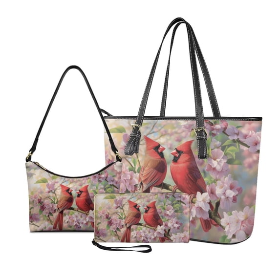 Kuiaobaty Cardinal Cherry Blossom Print Handbag and Wallet Set with Underarm Bag for Women Leather Wristlet Wallet Crescent Purse with Zipper Top Handle Handbag Clutch Purse for Travel