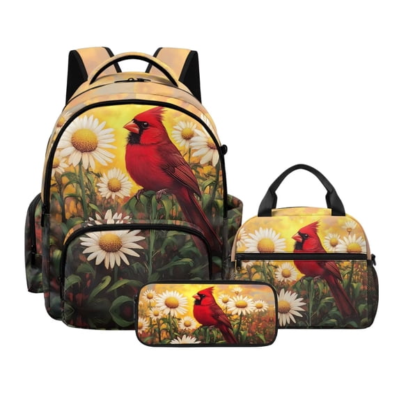Kuiaobaty Cardinal Daisy Print Backpack with Lunch Bag & Pencil Case for Teens Large Capacity Backpack with Pencil Pouch Portable Lunch Box and Bookbag with Bottle Holder for School Picnic