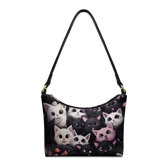 Kuiaobaty Cartoon Cat Print Underarm Sling Bag for Women, Cute Vegan Leather Shoulder Handbag with Zipper Closure, Small Clutch Hobo Purse Tote Bag for Travel & Work