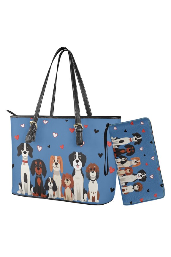 Cartoon Dogs Print Satchel Purse for Women, Heart Print Leather Shoulder Handbag with Adjustable Strap, Waterproof Tote Bag Purse for Travel, Blue