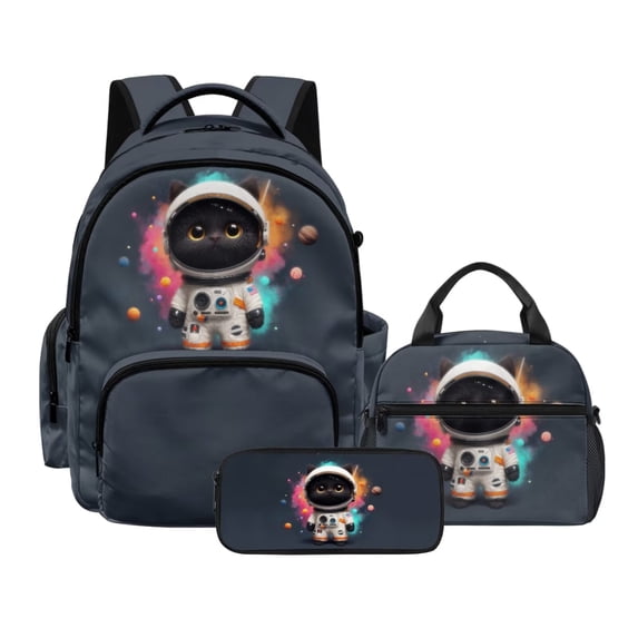 Kuiaobaty Cat Astronauts Print Backpack and Lunch Bag Set for Teens Planet Print Backpack Pencil Case with Zipper Roomy Sturdy Bookbag Lunch Box with Adjustable Strap for School Picnic