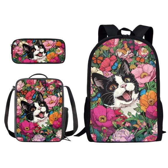 Kuiaobaty Cat Butterfly Flower Pattern Kids School Backpack Set with Lunch Box and Pencil Case, 3pcs Set Boys Girls Teens Primary Elementary Student Bookbag Casual Daypack with Side Pocket