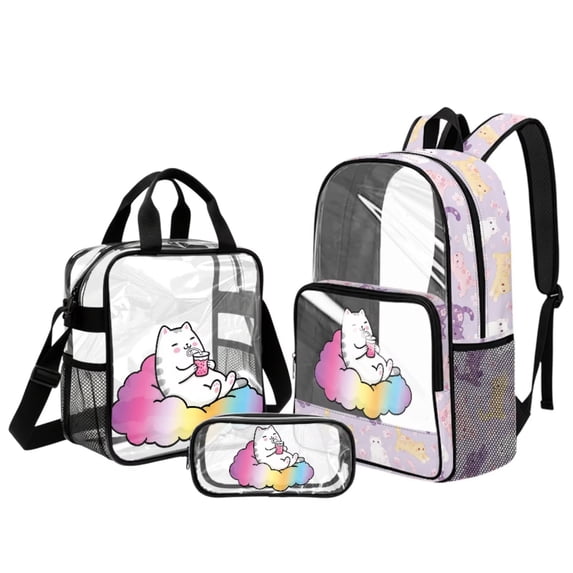 Kuiaobaty Cat Cloud Print Clear Backpack Set for Kids Girls Cherry Blossom Print Clear Backpack and Pencil Pouch Large Capacity PVC Bookbag with Lunch Bag for Stadium School