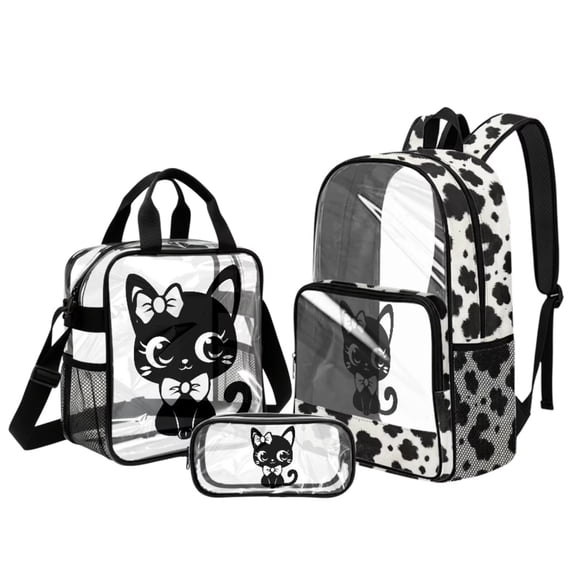 Kuiaobaty Cat Cow Print Clear Backpack and Pencil Case Set for Girls Clear Backpack and Lunch Bag Set See Through PVC Bookbag with Pencil Case for School