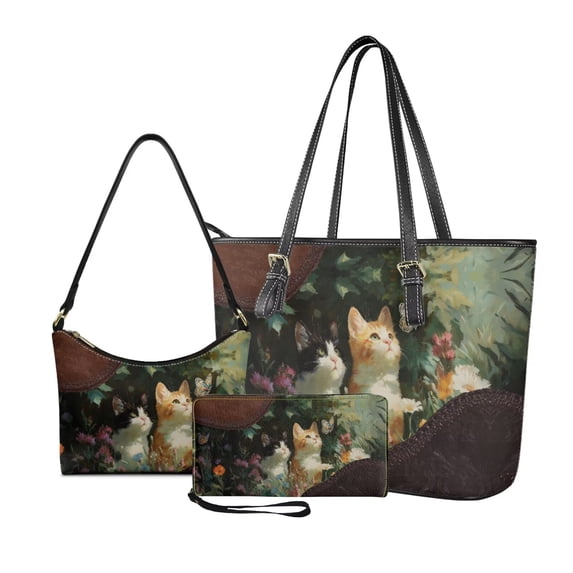 Kuiaobaty Cat Flower Butterfly Print Handbag and Wallet Set with Underarm Bag for Women Leather Wristlet Wallet Hobo Purse with Zipper Top Handle Handbag Clutch Purses for Travel, Green